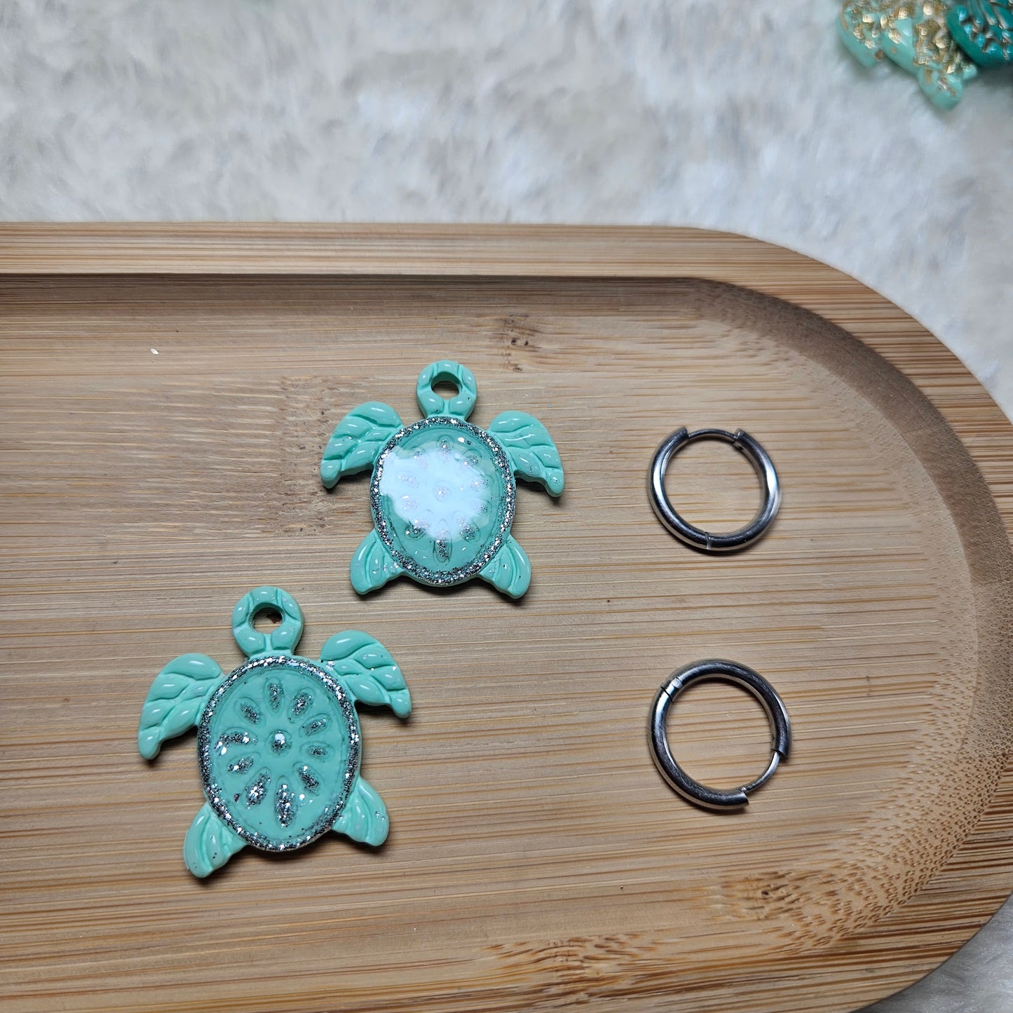 Pampilles Tortue 🐢 - Bleu turquoise / paillettes argentées