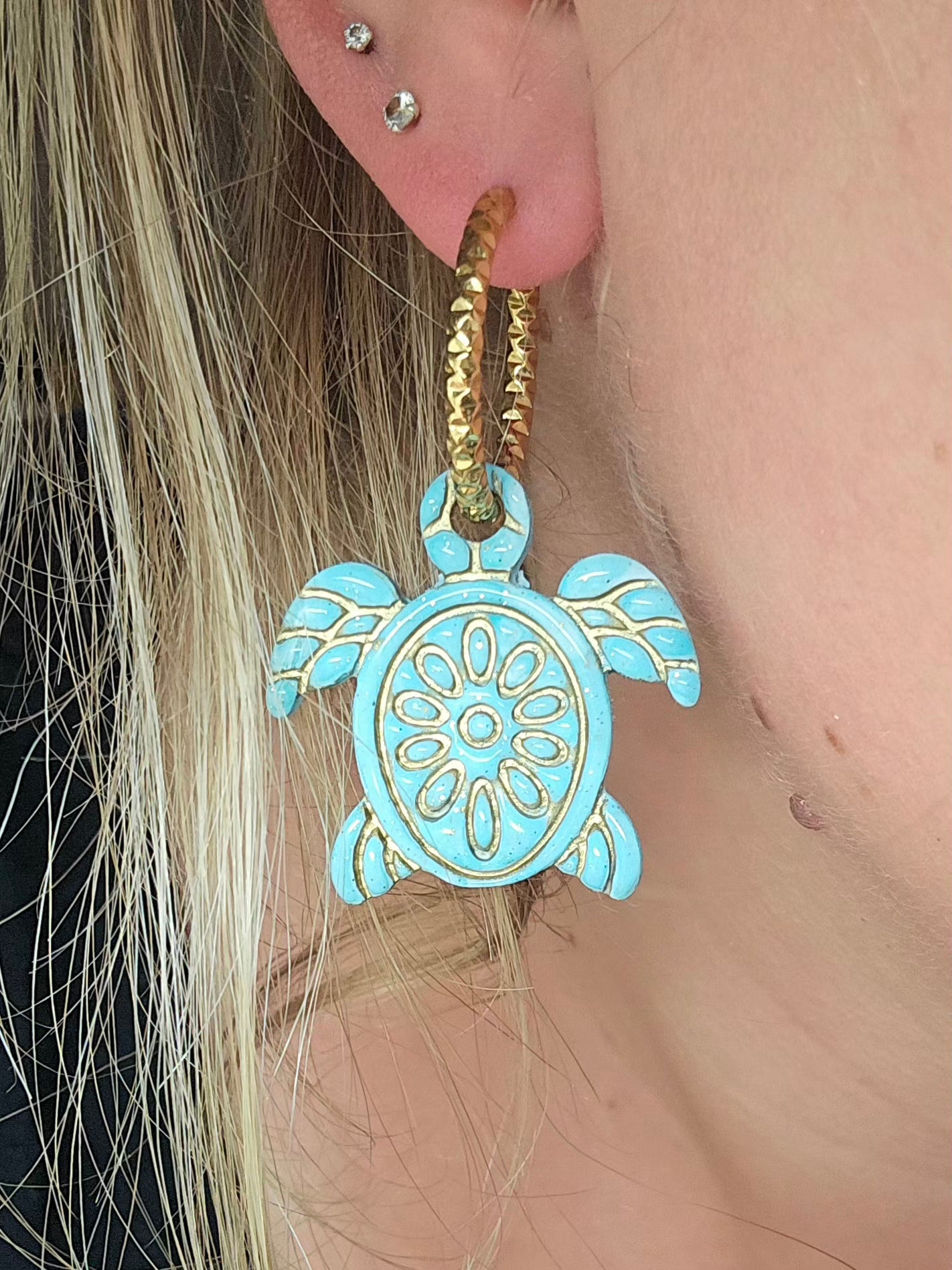 Pampilles Tortues bleu/or - Collection "Lagon"