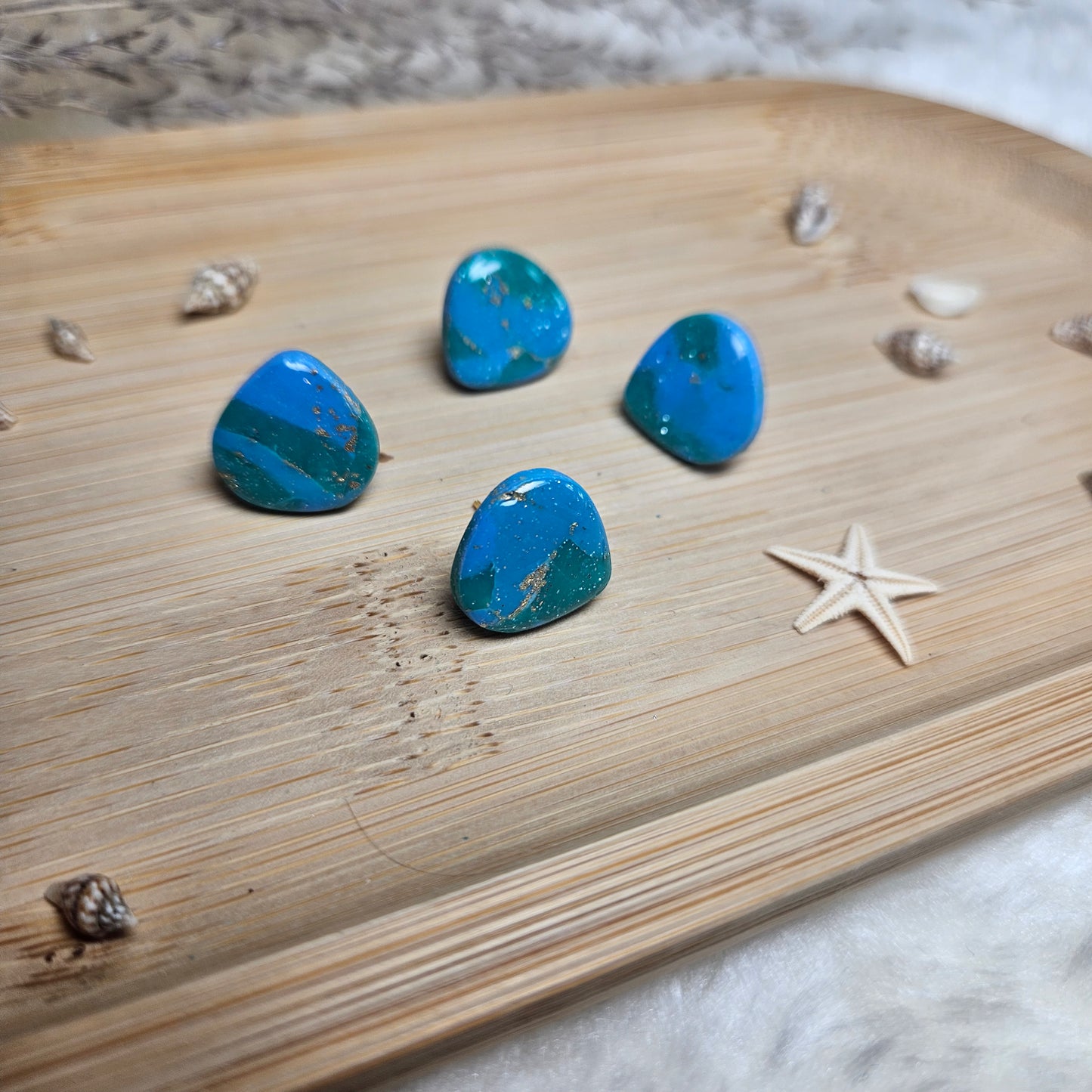Puces Goutte bleu/vert/or - Collection "Lagon"