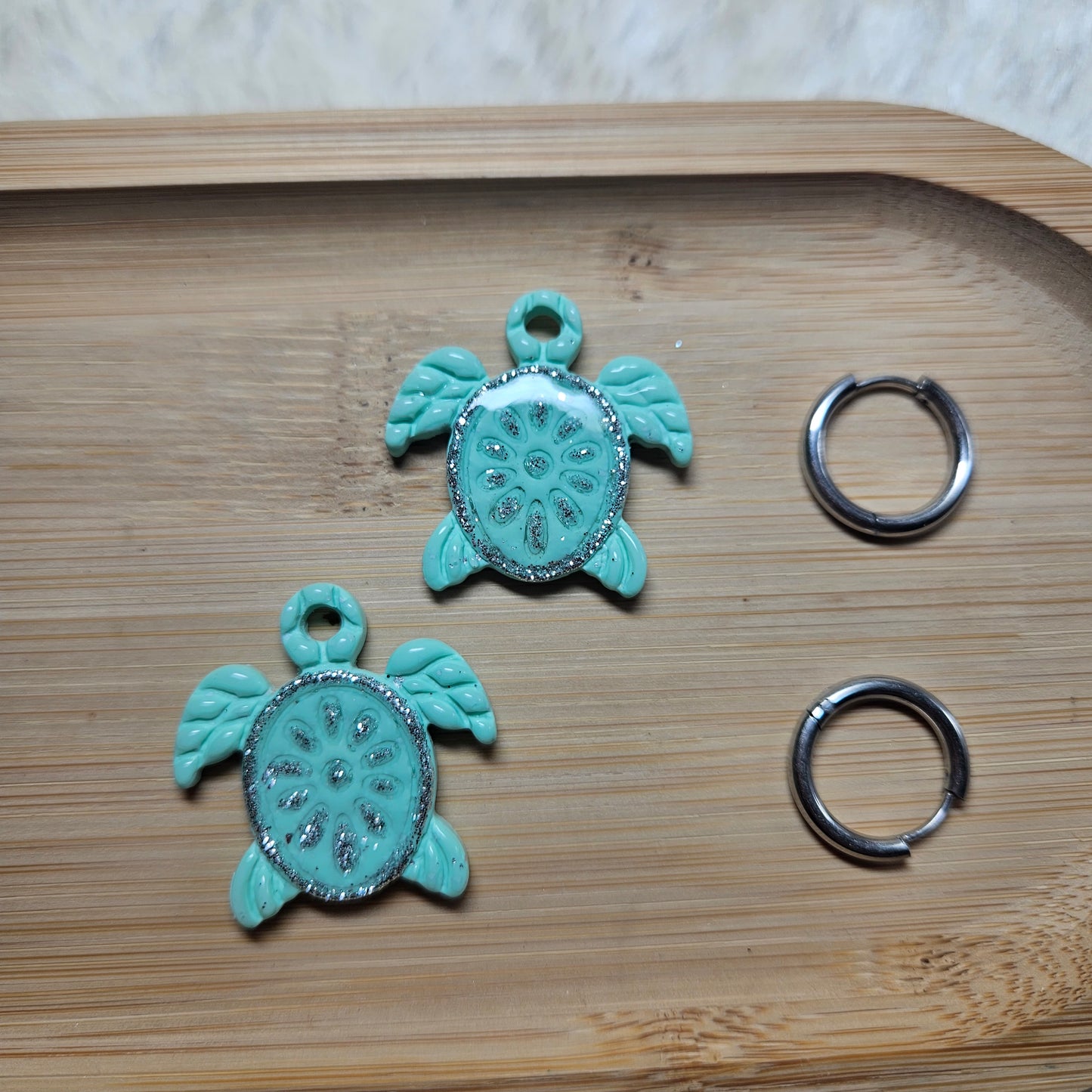 Pampilles Tortue 🐢 - Bleu turquoise / paillettes argentées