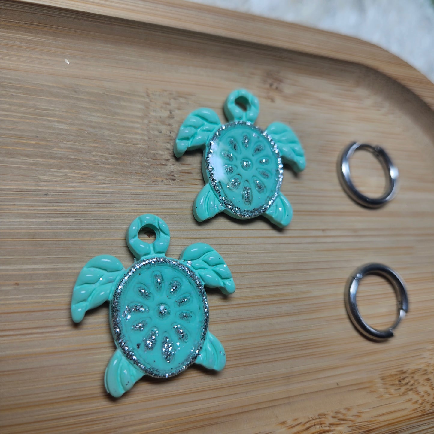 Pampilles Tortue 🐢 - Bleu turquoise / paillettes argentées