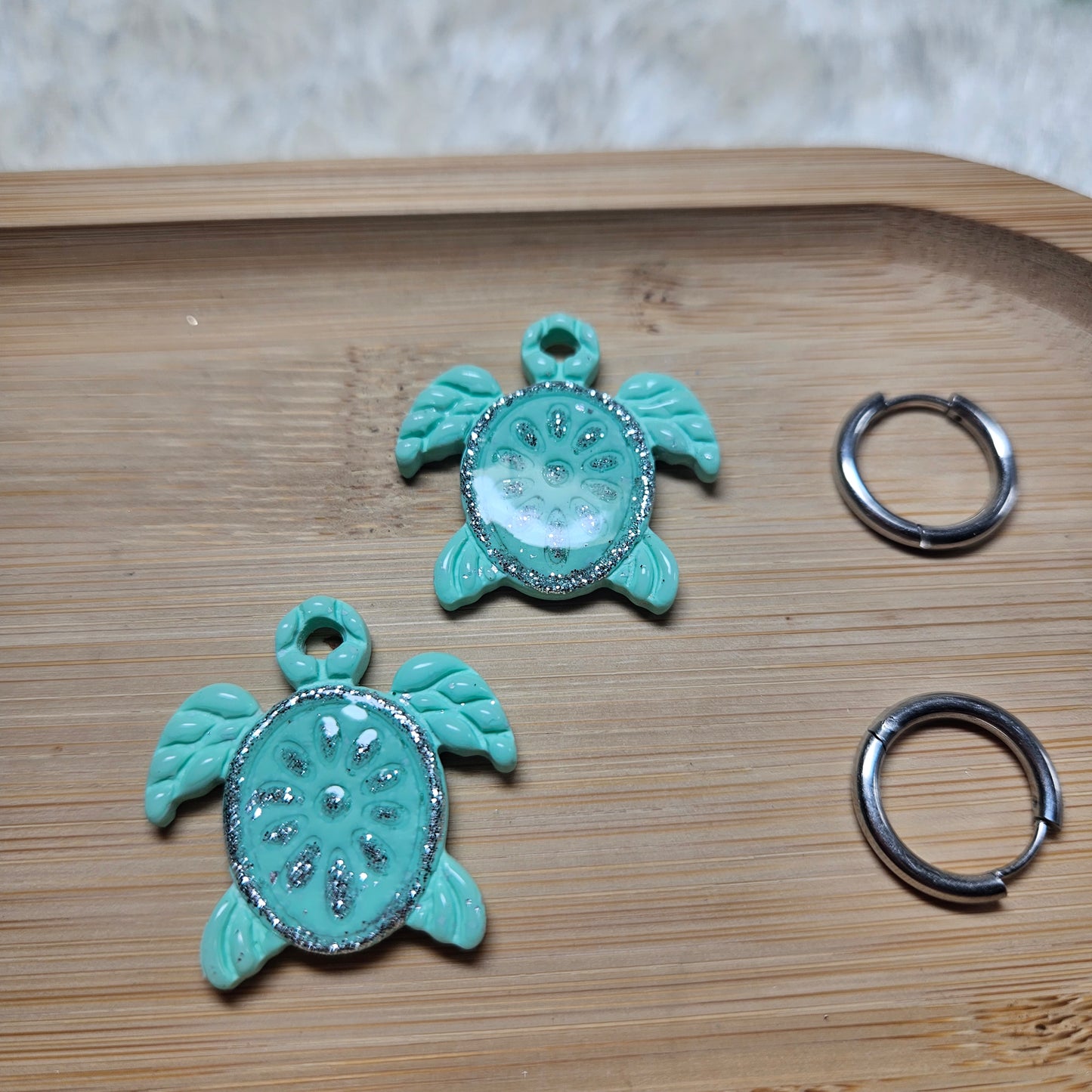 Pampilles Tortue 🐢 - Bleu turquoise / paillettes argentées